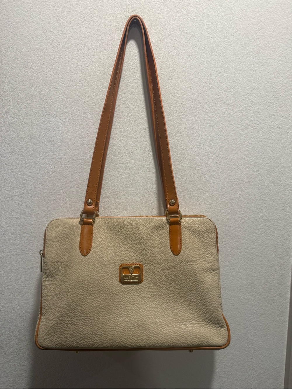 Valentina Made in Italy Pebbled Leather Tote Shoulder Bag Cream Tan Large